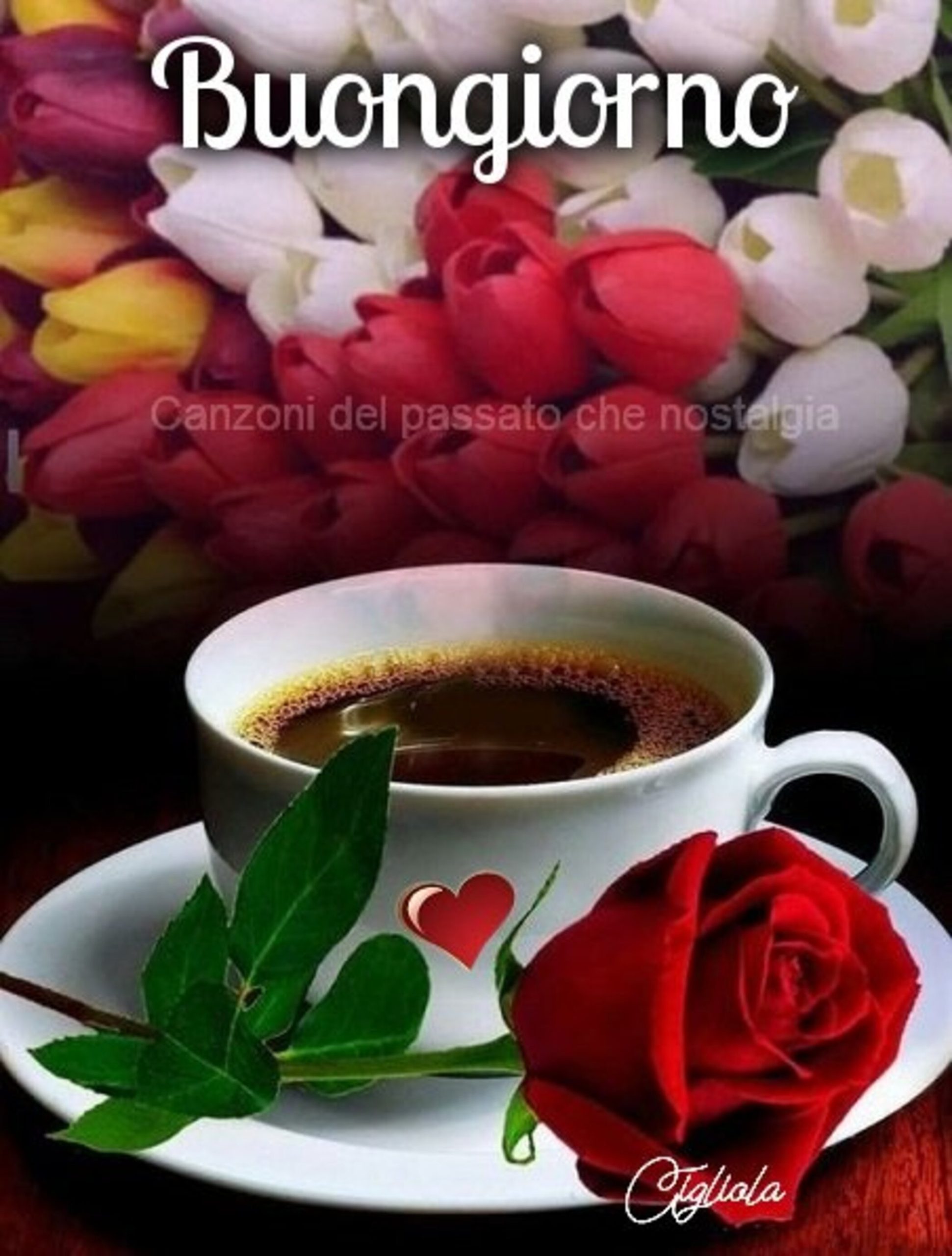 Buongiorno link con caffè e rosa rossa